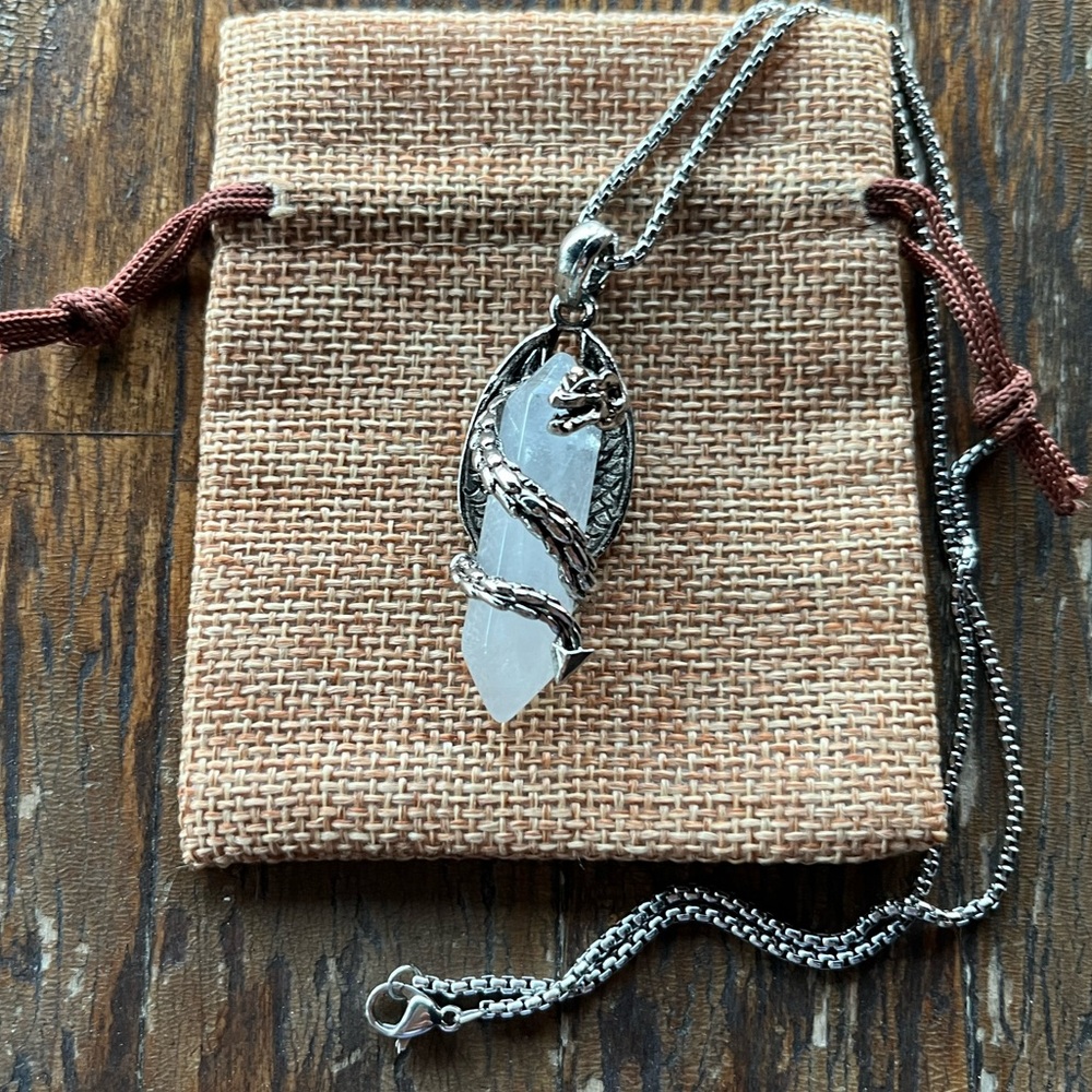 Clear Quartz Dragon Necklace Mens Crystal Necklace Clear Quartz Unisex Necklace - Picture 1 of 4